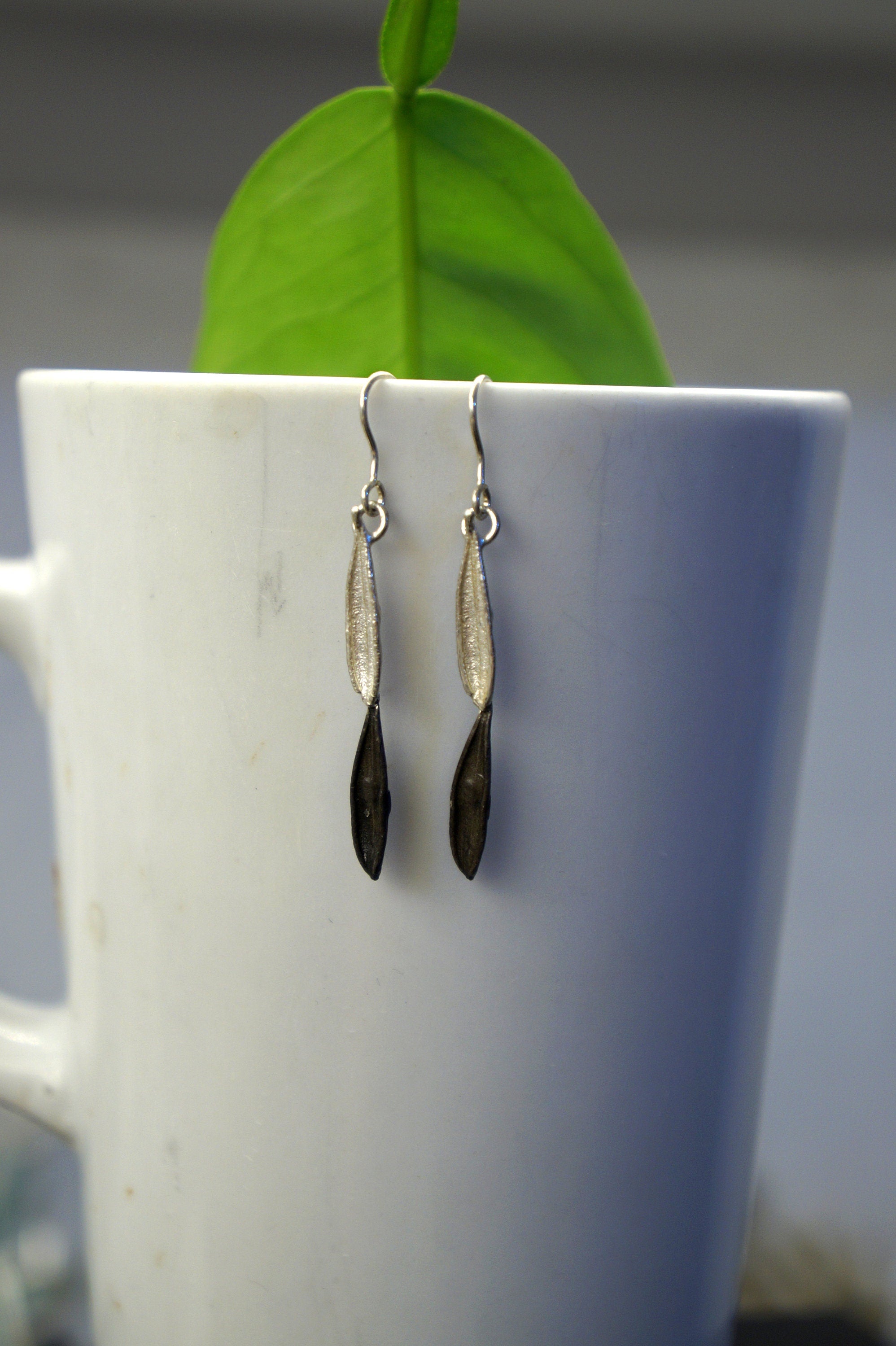 Sterling Silver Earrings – Olive Leaf Two Tone Long Dangle Gift For Her