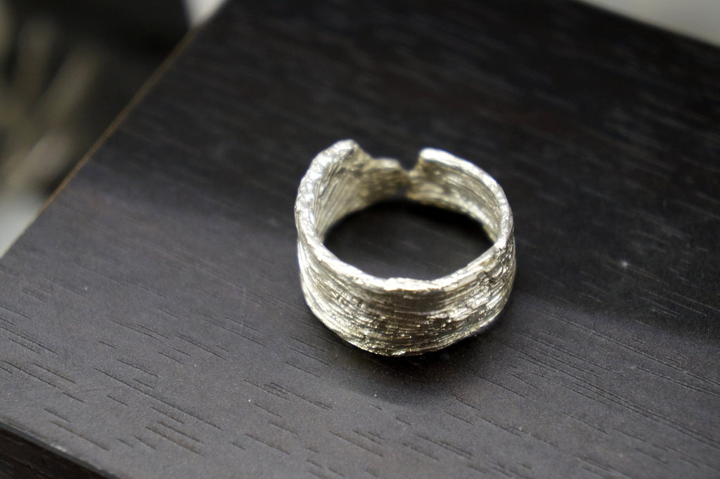 Tree Bark Thumb Ring, Gold-Plated Sterling Silver Jewelry, Adjustable Fit Band, Handmade Jewelry