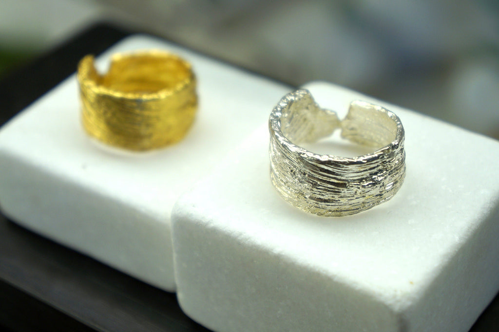 Tree Bark Thumb Ring, Gold-Plated Sterling Silver Jewelry, Adjustable Fit Band, Handmade Jewelry