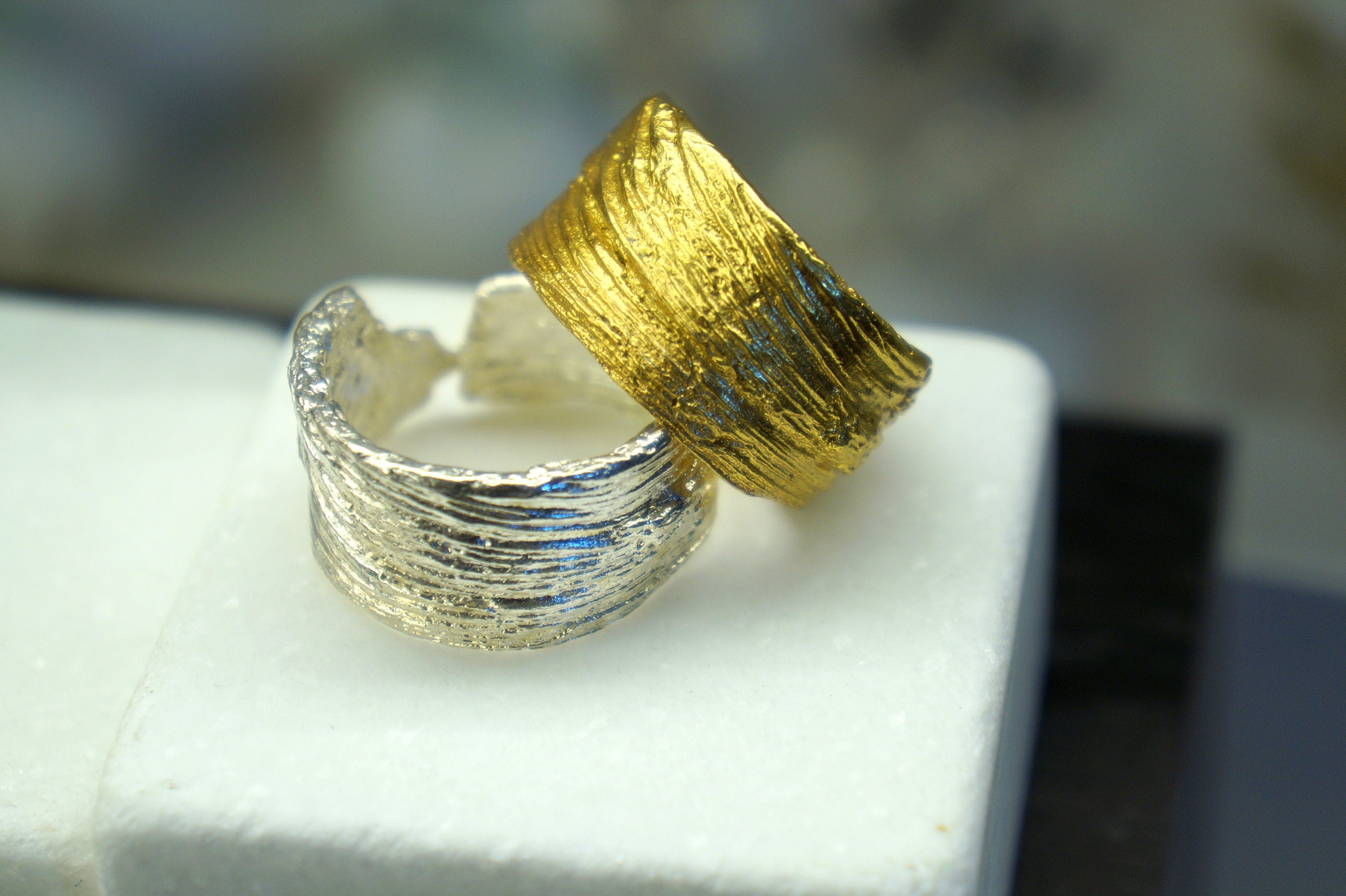 Tree Bark Thumb Ring, Gold-Plated Sterling Silver Jewelry, Adjustable Fit Band, Handmade Jewelry