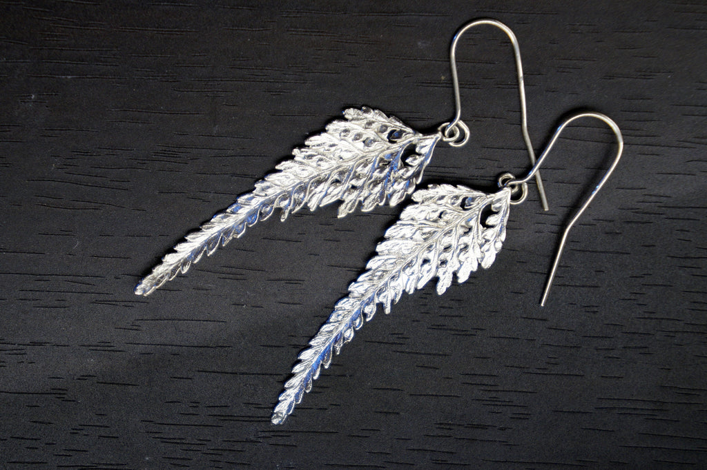 Fern Leaf Earrings – Handmade 14K Gold Plated Sterling Silver Long Drop Earrings