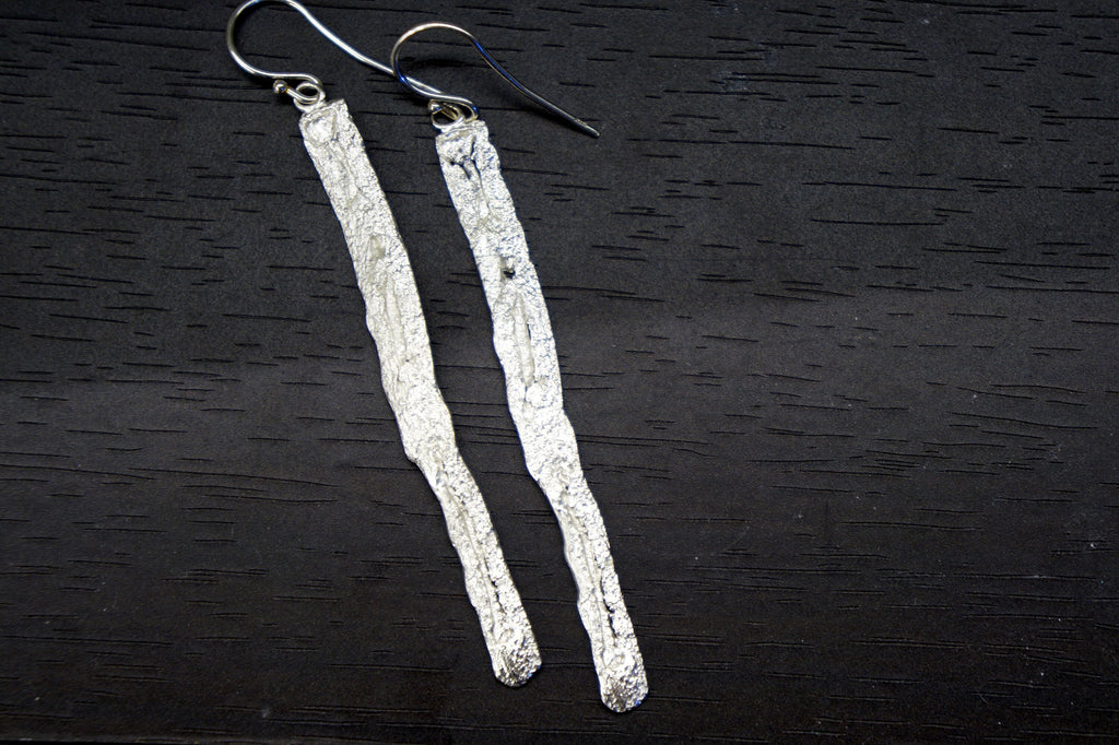 Sterling Silver Earrings | Long Dangle Tree Bark Earrings With Gold Finish