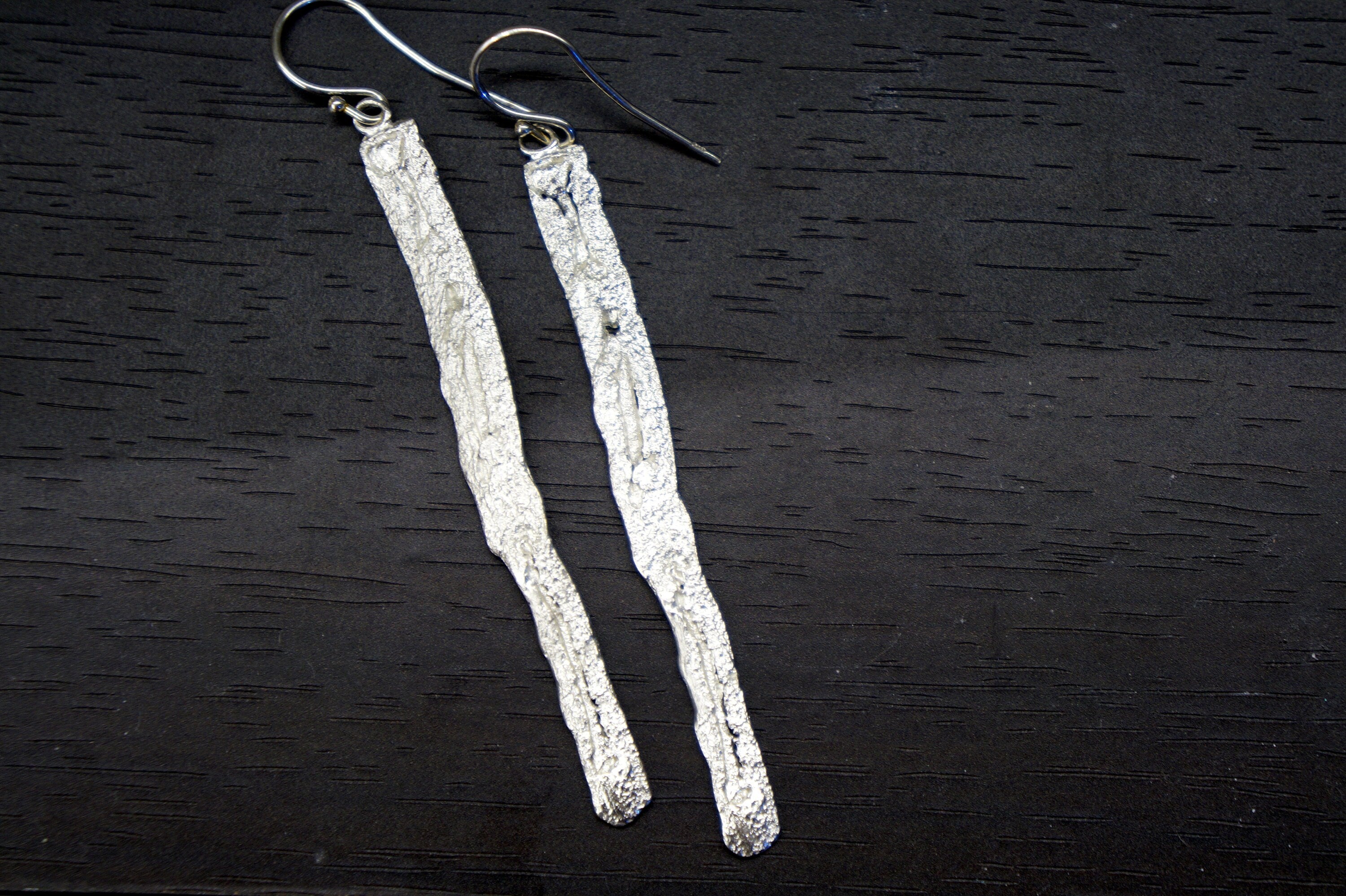 Sterling Silver Earrings | Long Dangle Tree Bark Earrings With Gold Finish