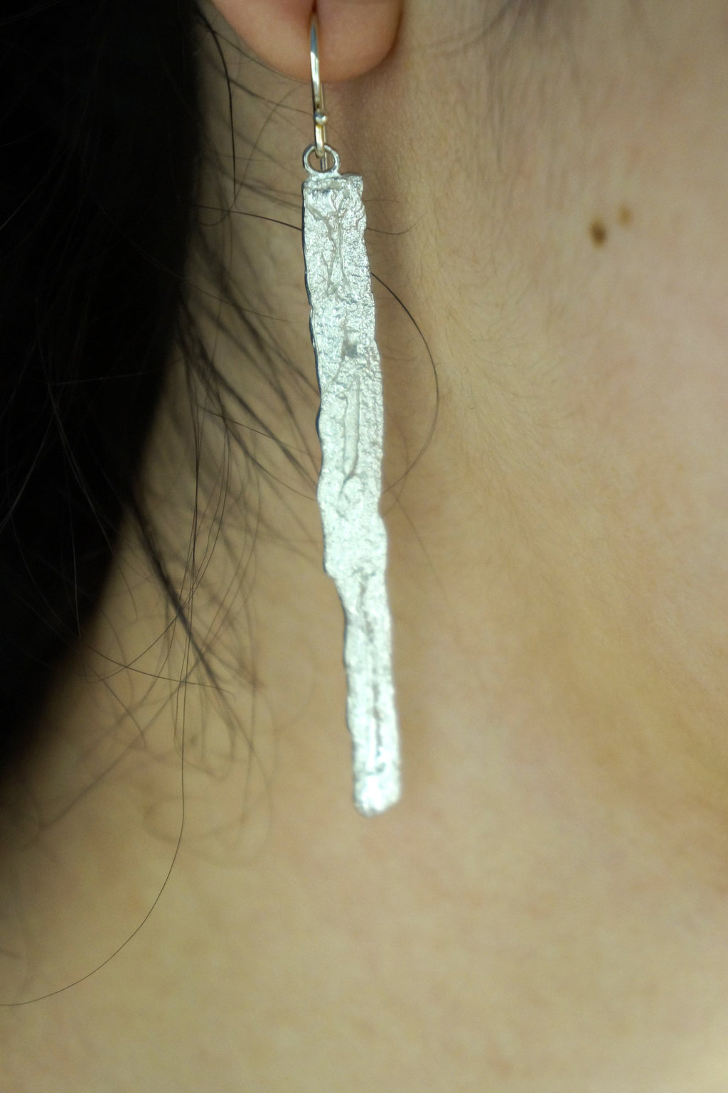 Sterling Silver Earrings | Long Dangle Tree Bark Earrings With Gold Finish