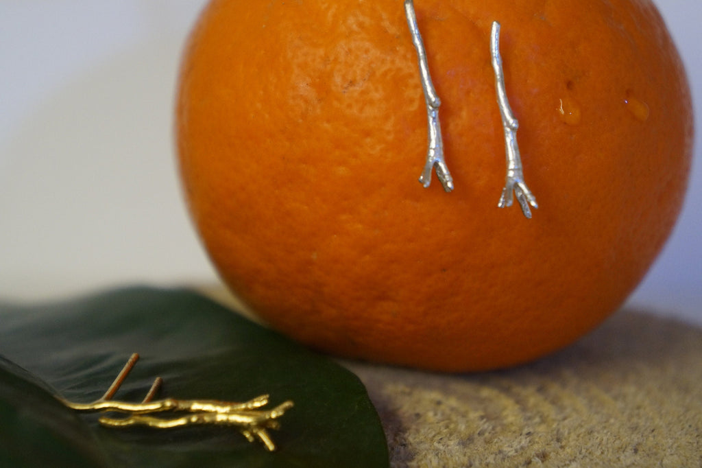Small Stud Earrings: Jasmine Twig Design - Gold on Sterling Silver