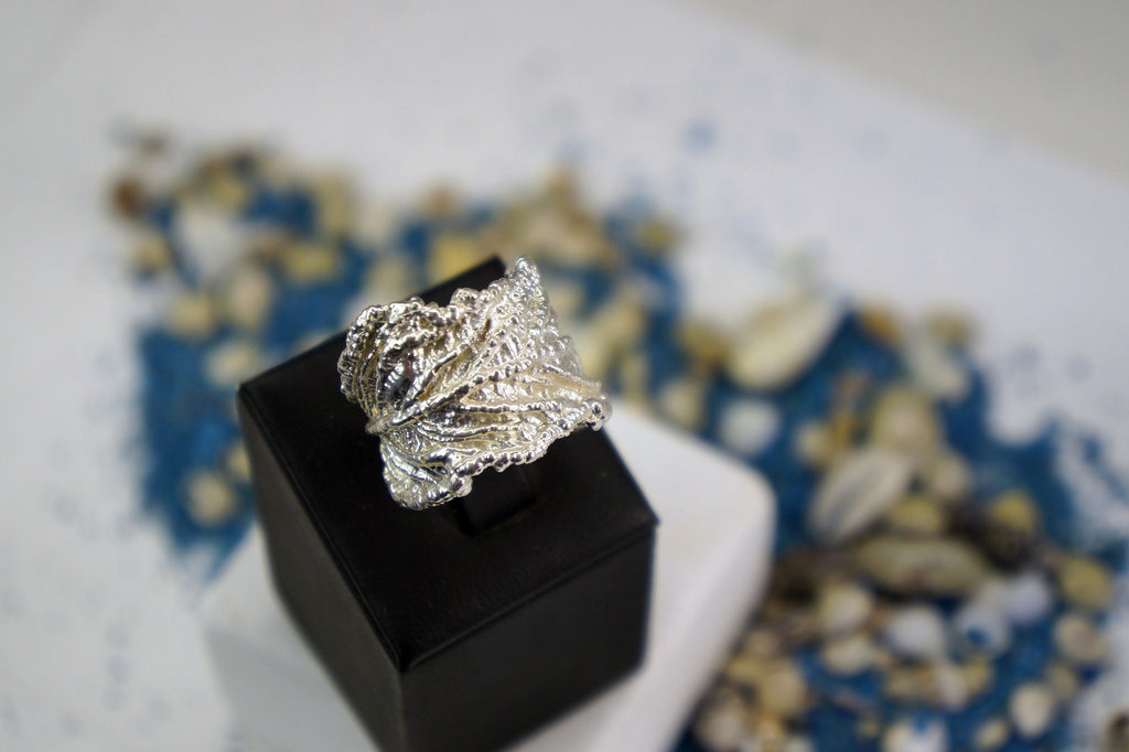 Silver Leaf Ring - Sterling Silver Wide Band Ring with Flower Detail
