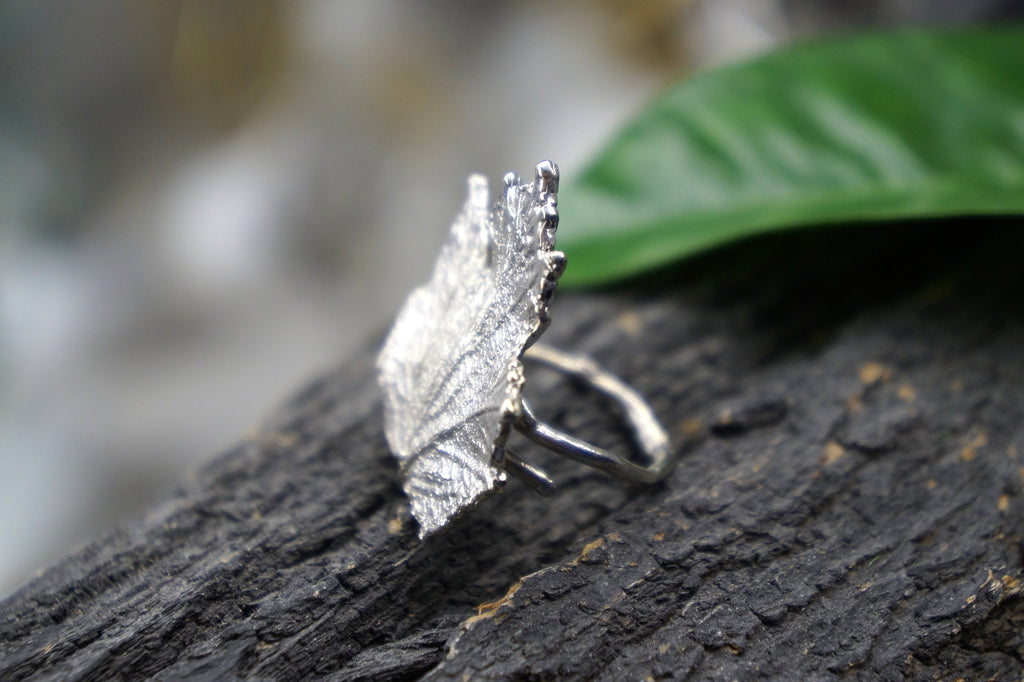 Bourbon Rose Leaf Ring – Handmade Sterling Silver Adjustable Big Leaf Ring
