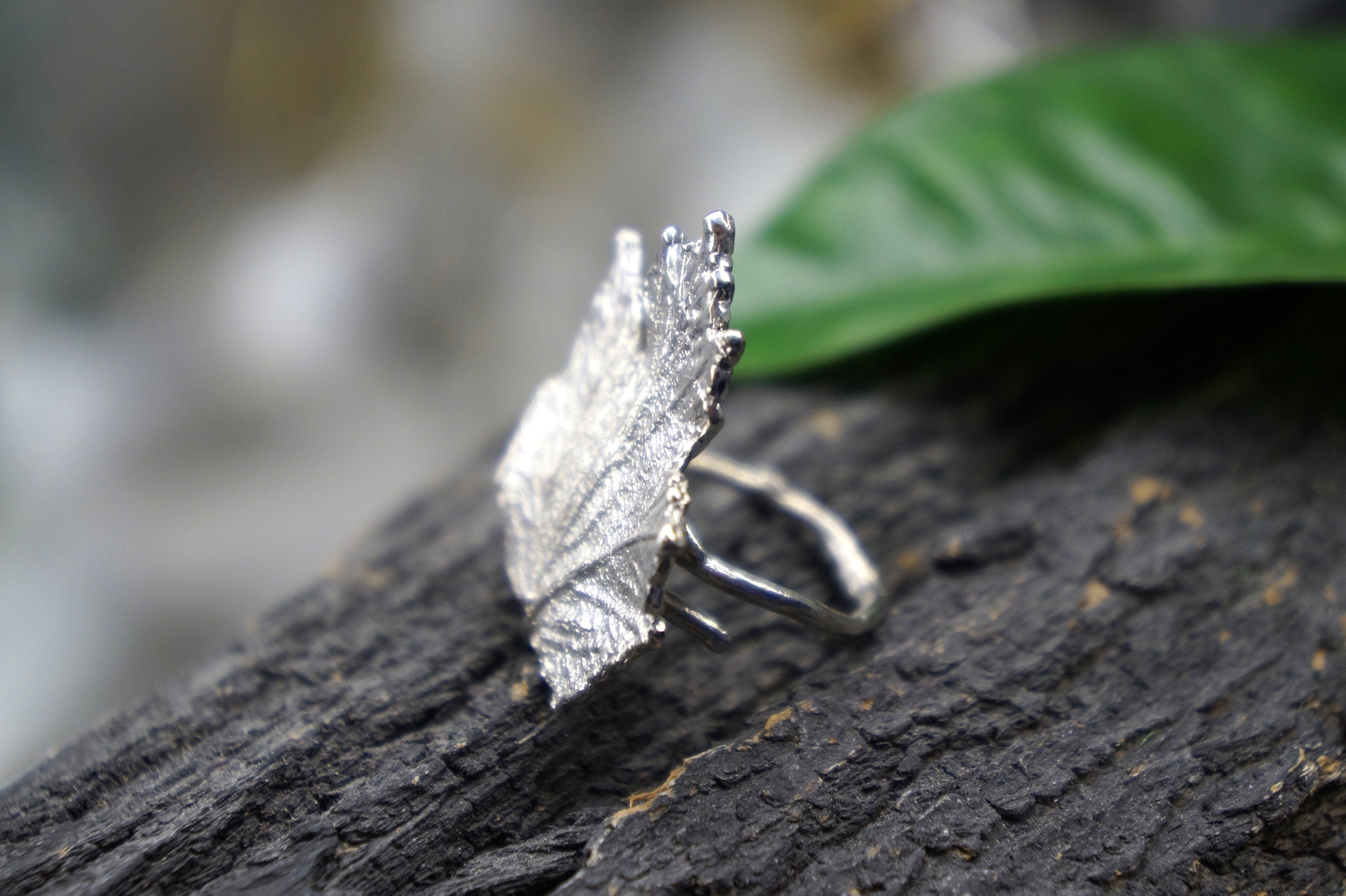 Bourbon Rose Leaf Ring – Handmade Sterling Silver Adjustable Big Leaf Ring