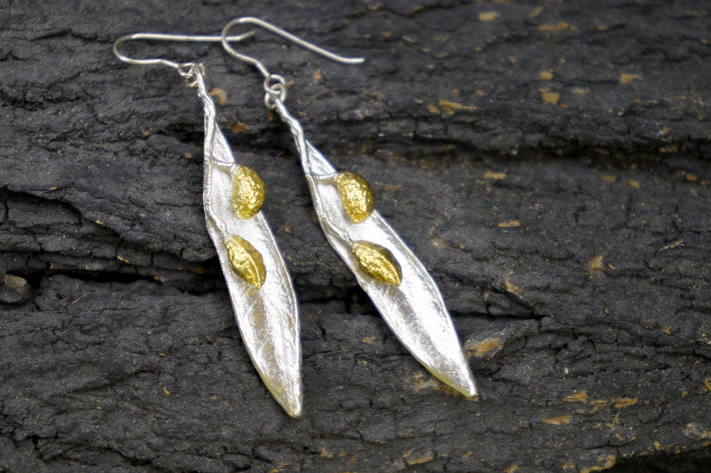 Sterling Silver Olive Earrings – Long Dangle Botanical Earrings with Gold Olive Fruit Accents