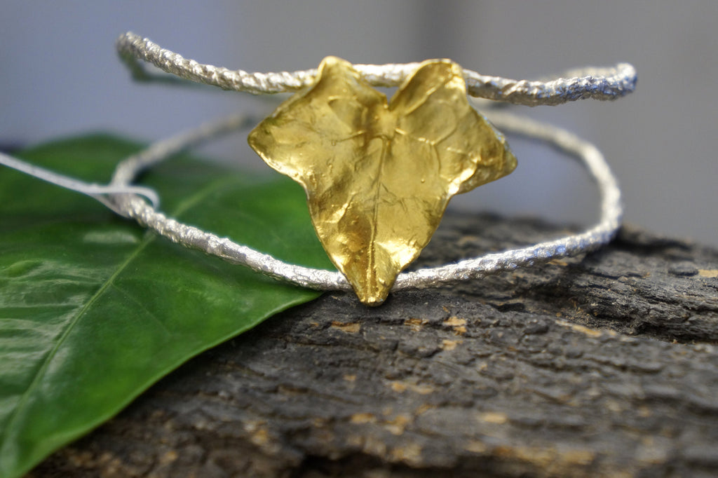 Nature-Inspired Cuff Bracelet, Sterling Silver with Gold Ivy Leaf (Adjustable)