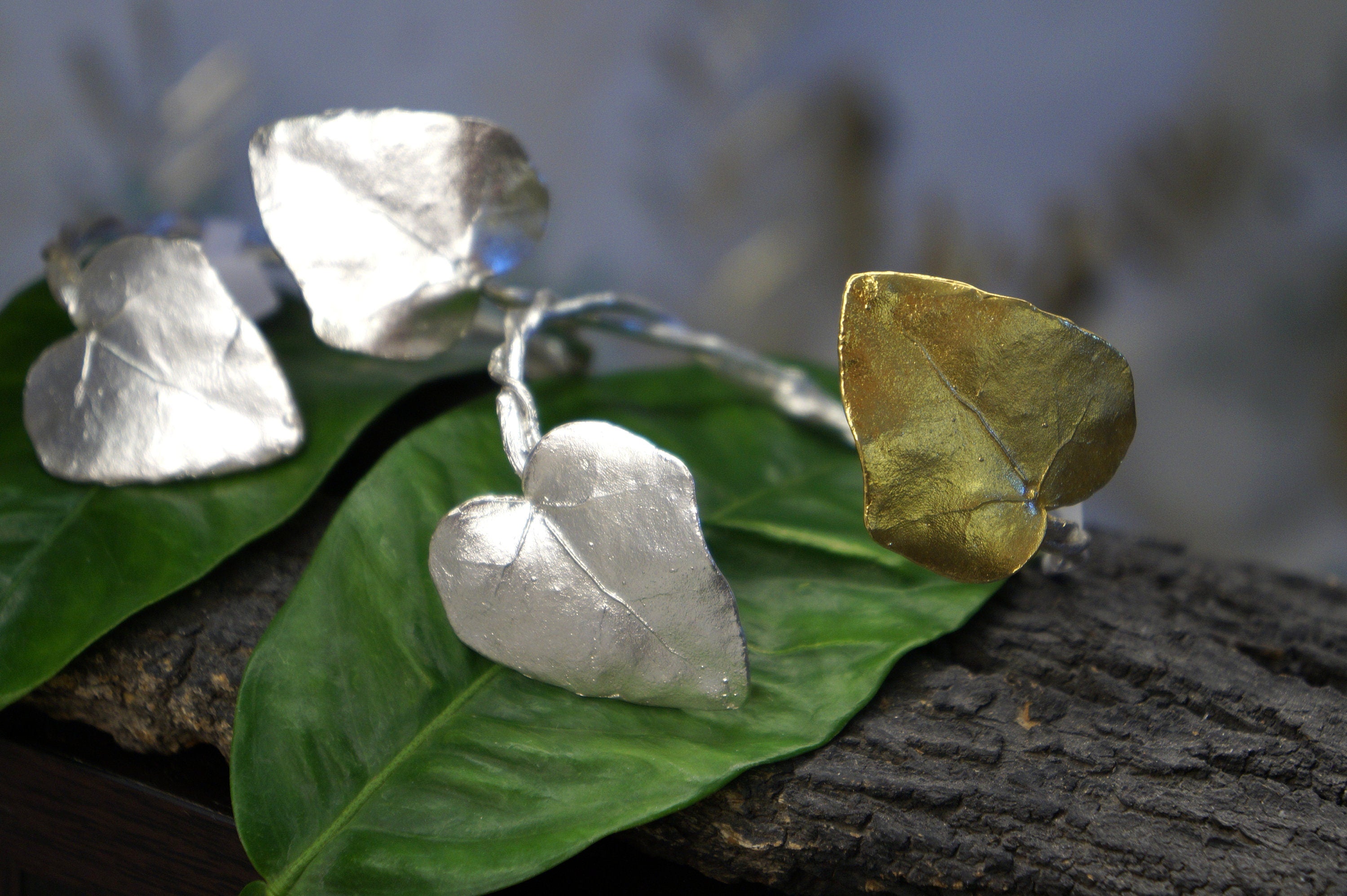 Silver Ivy Branch Cuff Bracelet - Adjustable Nature Inspired Jewelry