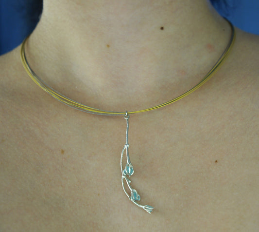 Jasmine Twig Necklace for women with sky blue Raw murano, Multi Strand Necklace plant by Mother Nature Jewelry