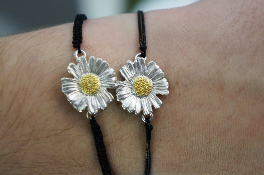 Sterling Silver Bracelet - Handmade Daisy Charm Flower Macrame Bracelet with Sliding Knot