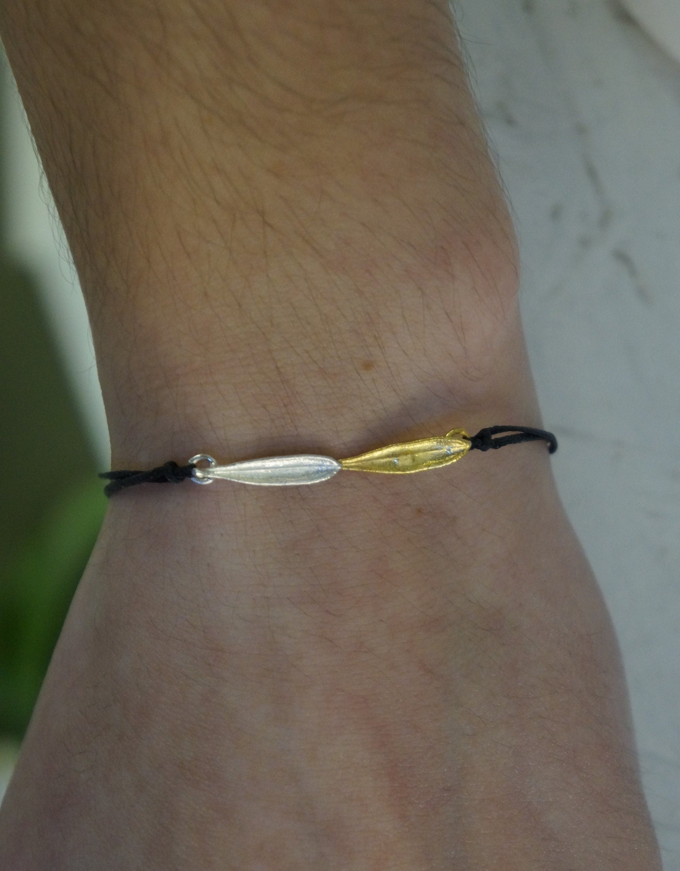 Sterling Silver Bracelet – Real Olive Leaf Adjustable Wax Cord Boho Jewelry