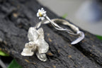 Nature-Inspired Silver Cuff Bracelet, Orchid and Chamomile (Adjustable Size)