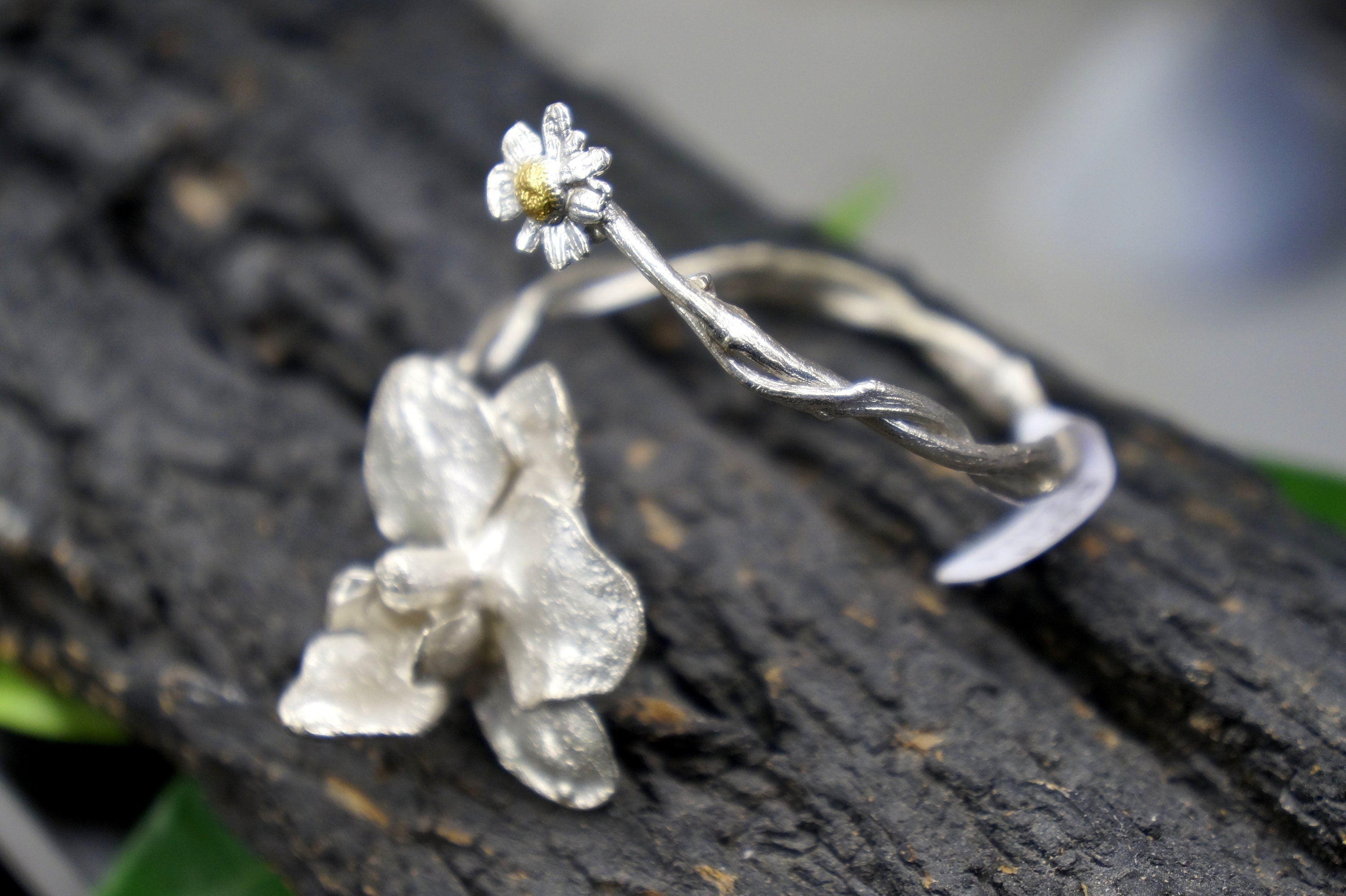 Nature-Inspired Silver Cuff Bracelet, Orchid and Chamomile (Adjustable Size)