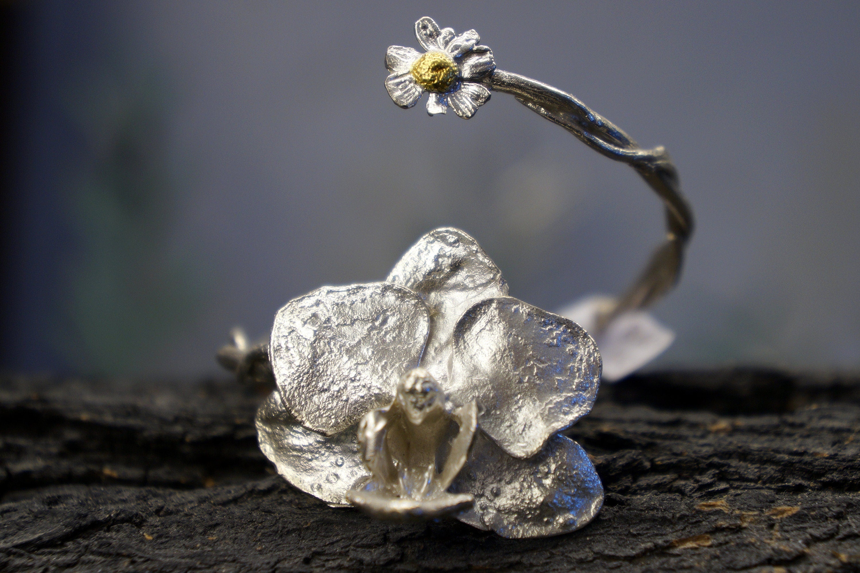 Nature-Inspired Silver Cuff Bracelet, Orchid and Chamomile (Adjustable Size)