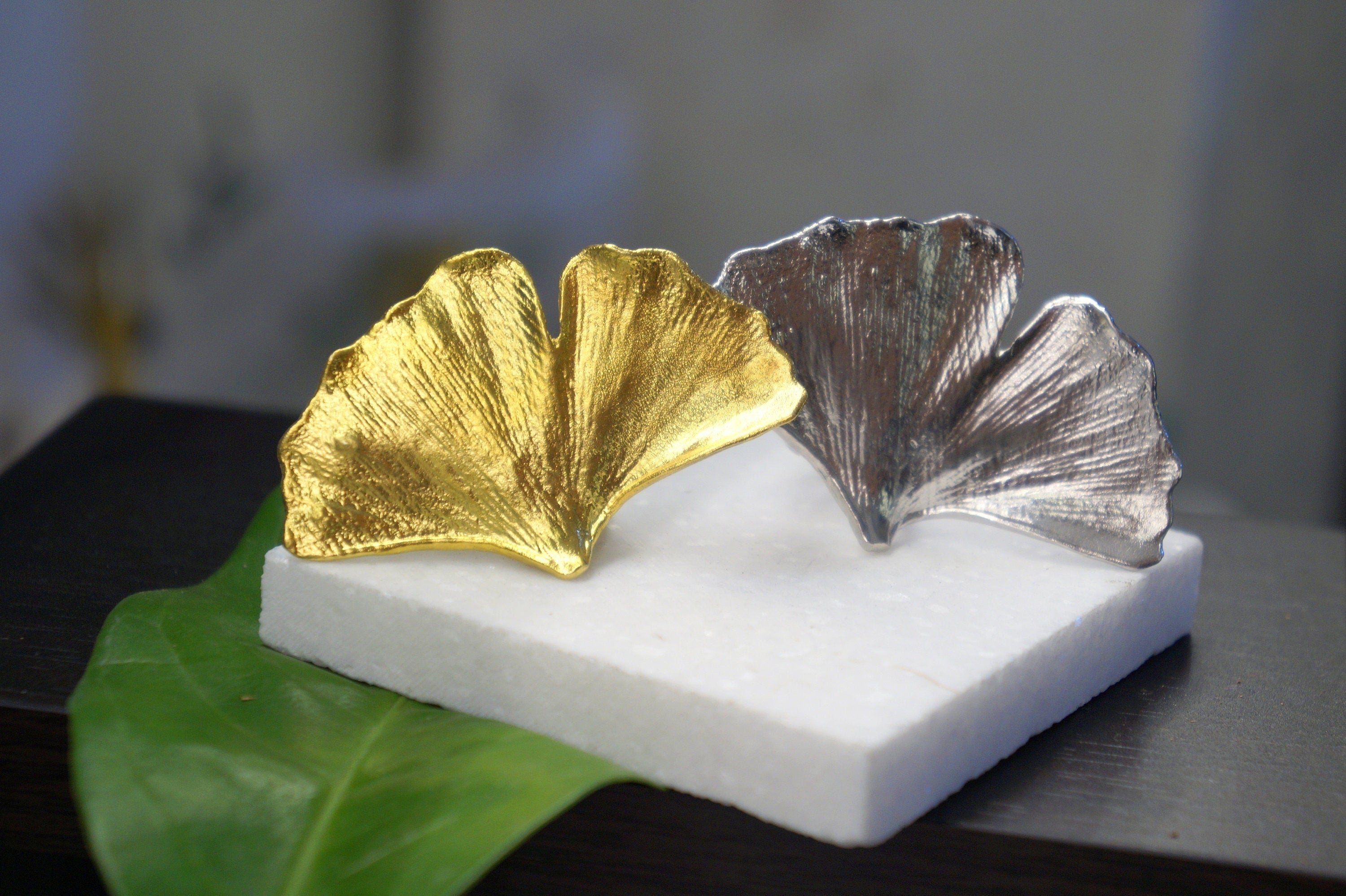 Ginkgo Biloba Ring – Adjustable Sterling Silver Wide Band Nature Inspired Jewelry