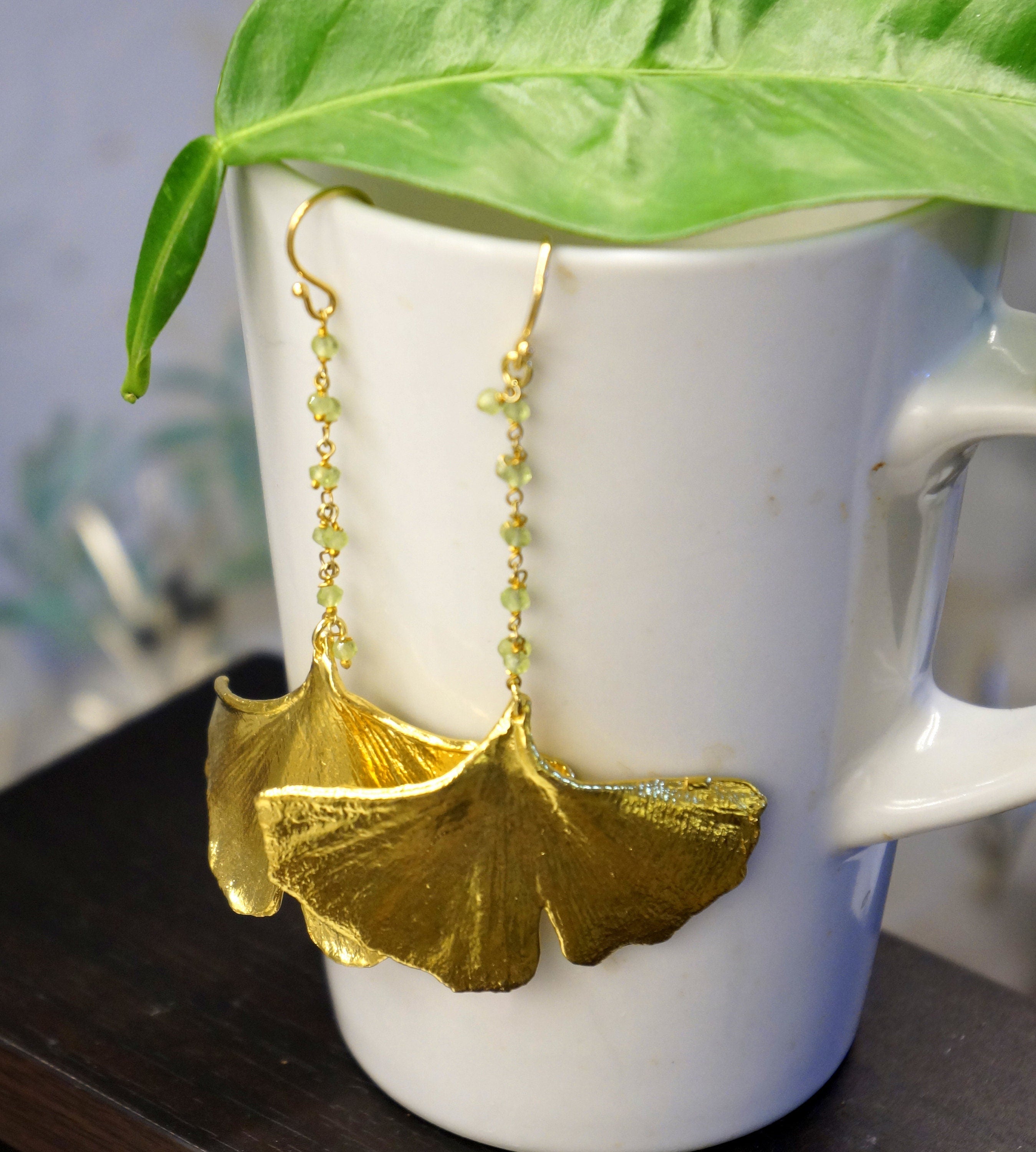 Ginkgo Leaf Earrings: Long Gold Dipped on Sterling Silver
