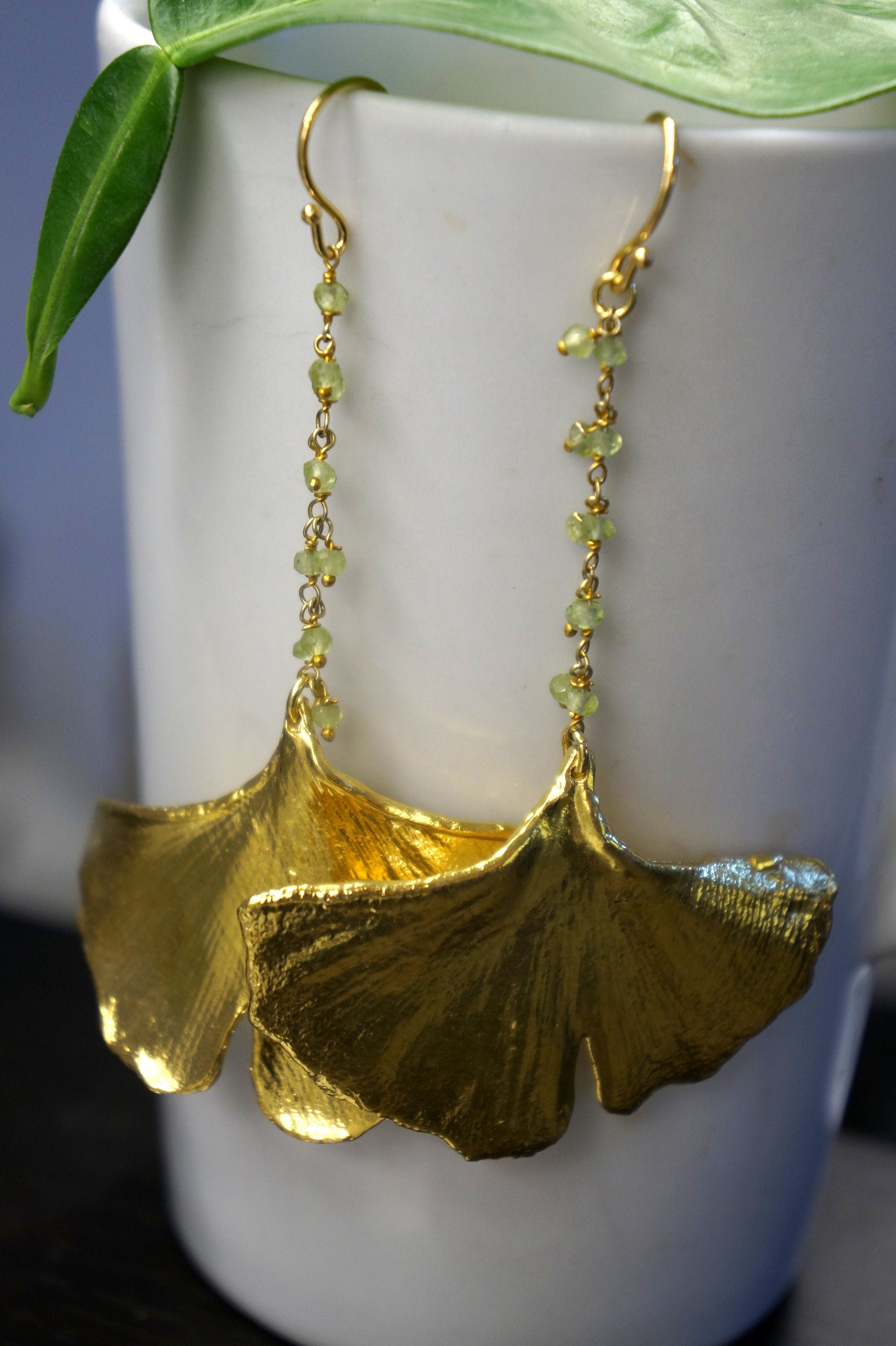 Long Ginkgo Leaf Earrings – Sterling Silver Gold Leaf Bridal Jewelry
