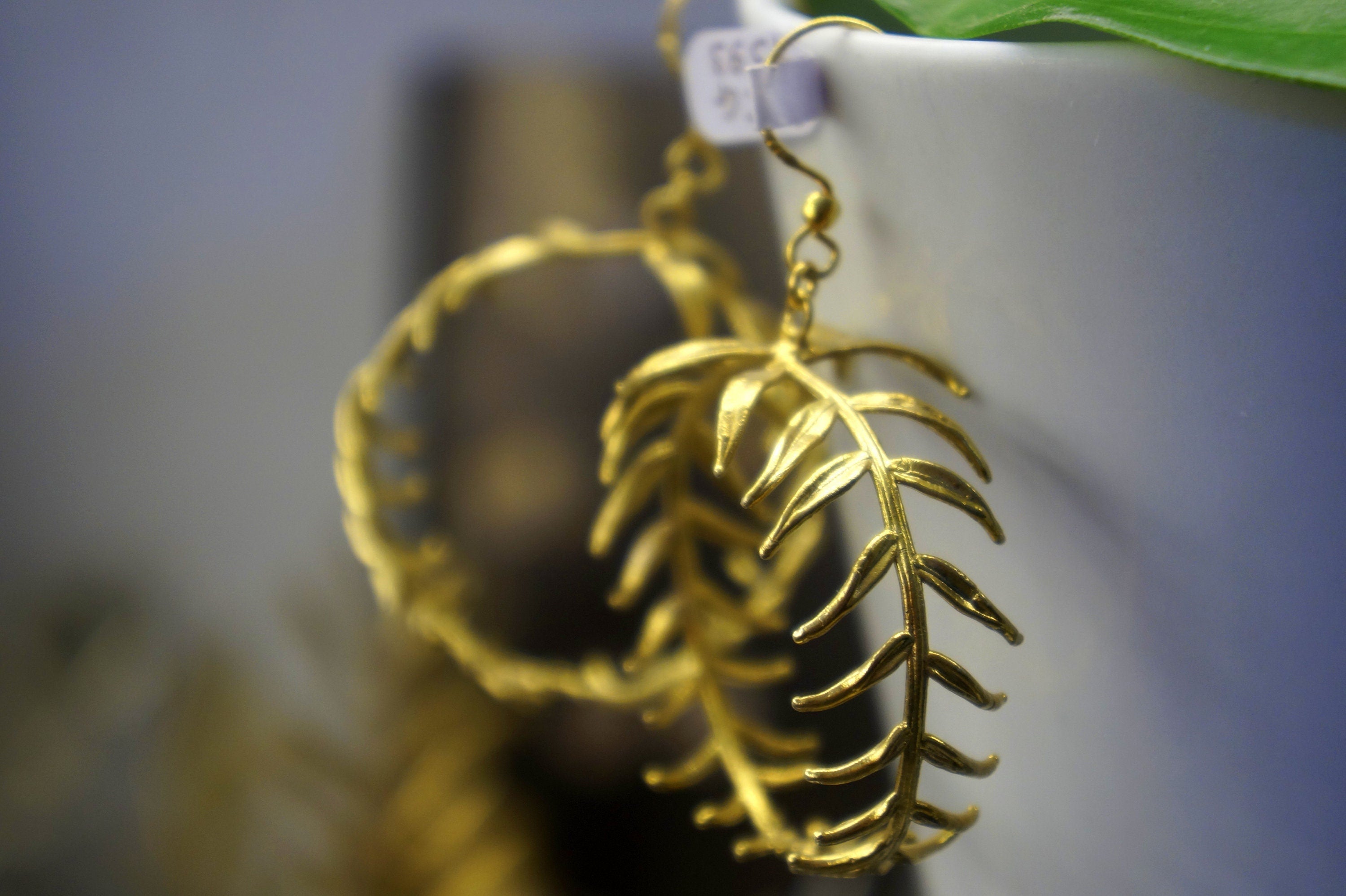 Araucaria Leaf Earrings: Big Silver and Gold Hoops (Handmade, Nature Detail)