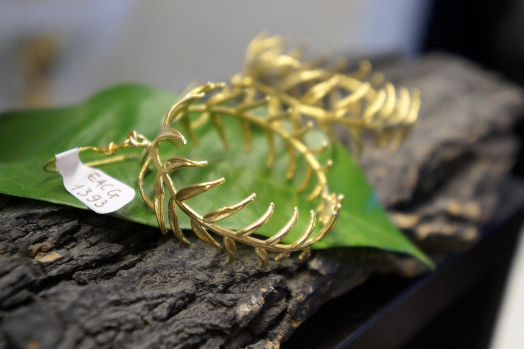 Araucaria Leaf Earrings: Big Silver and Gold Hoops (Handmade, Nature Detail)