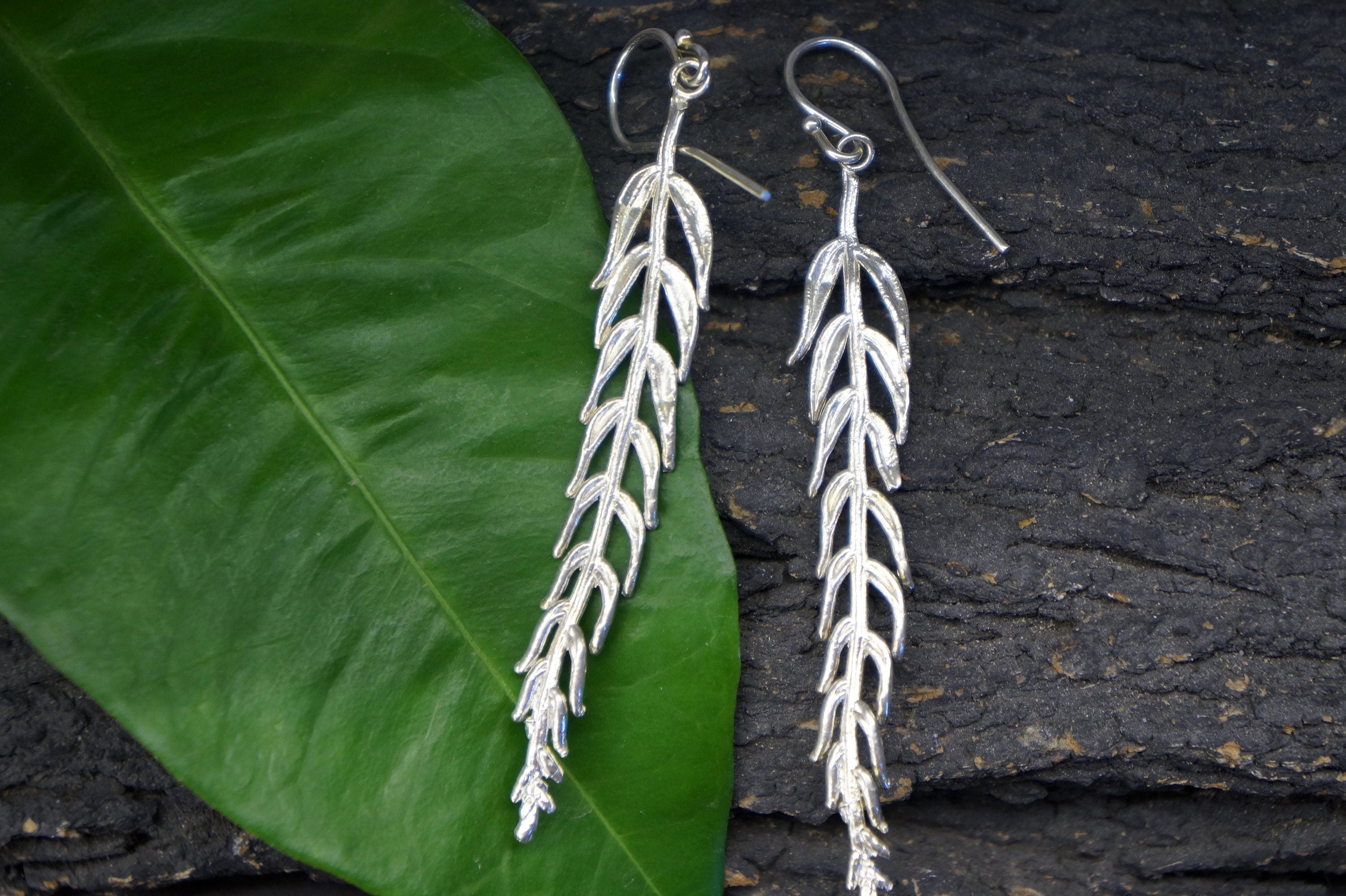 Araucaria Leaf Earrings – Sterling Silver Long Dangle Statement Jewelry
