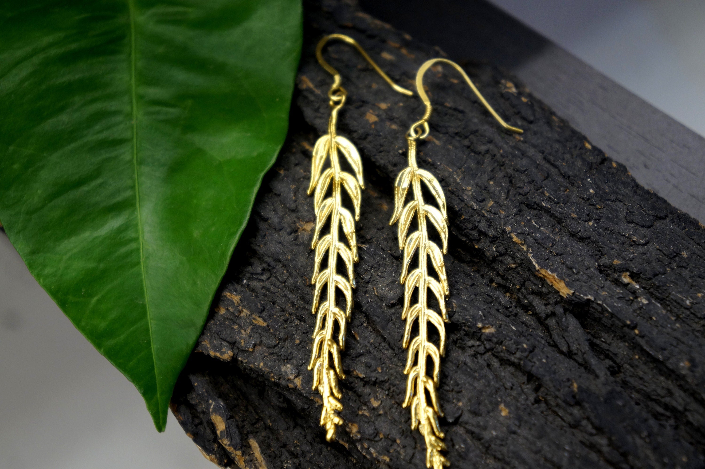 Araucaria Leaf Earrings – Sterling Silver Long Dangle Jewelry | Eco-Friendly Gift