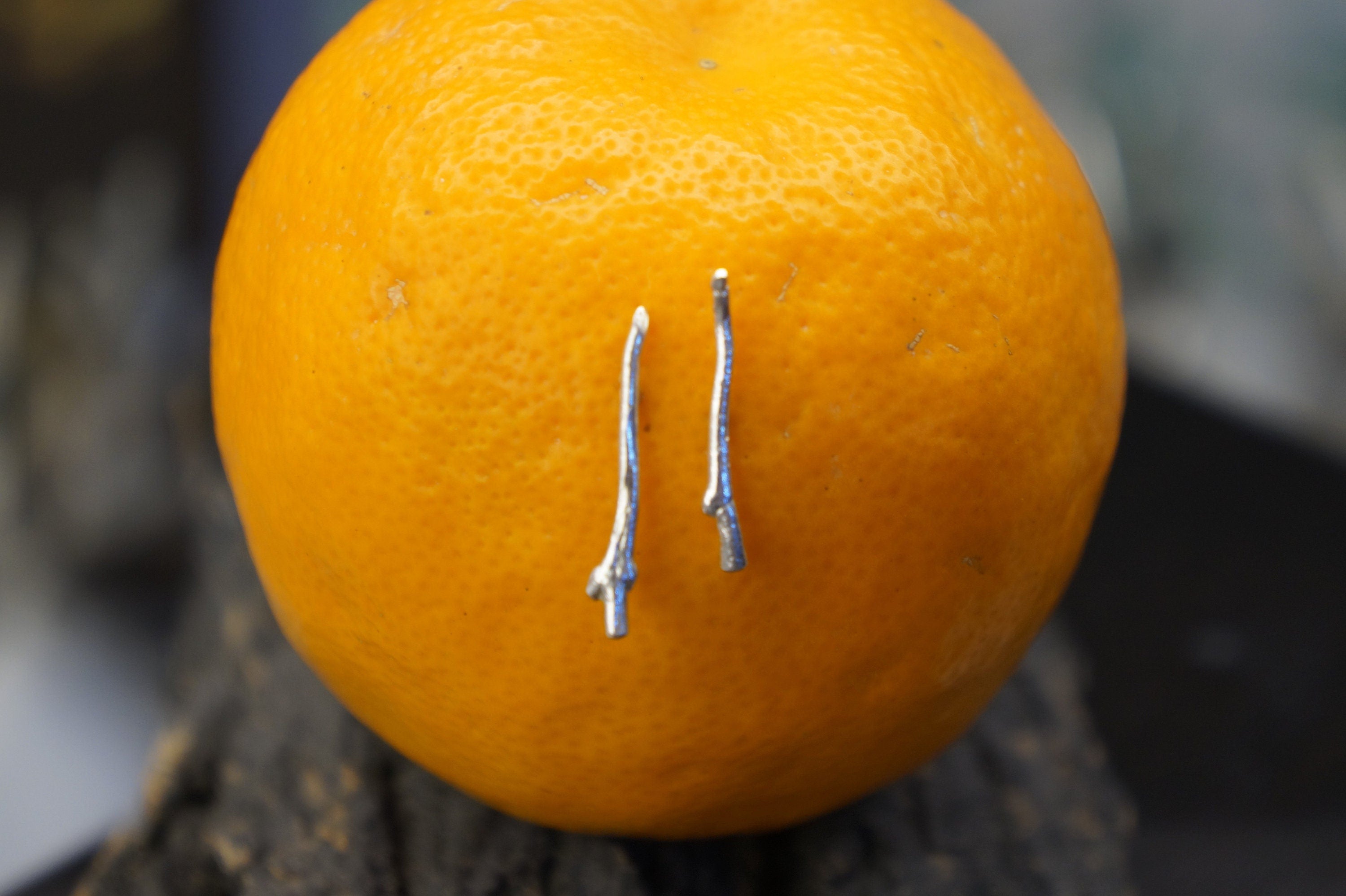 A close-up image of a bright orange fruit, possibly an orange, with two silver branches protruding from it.
