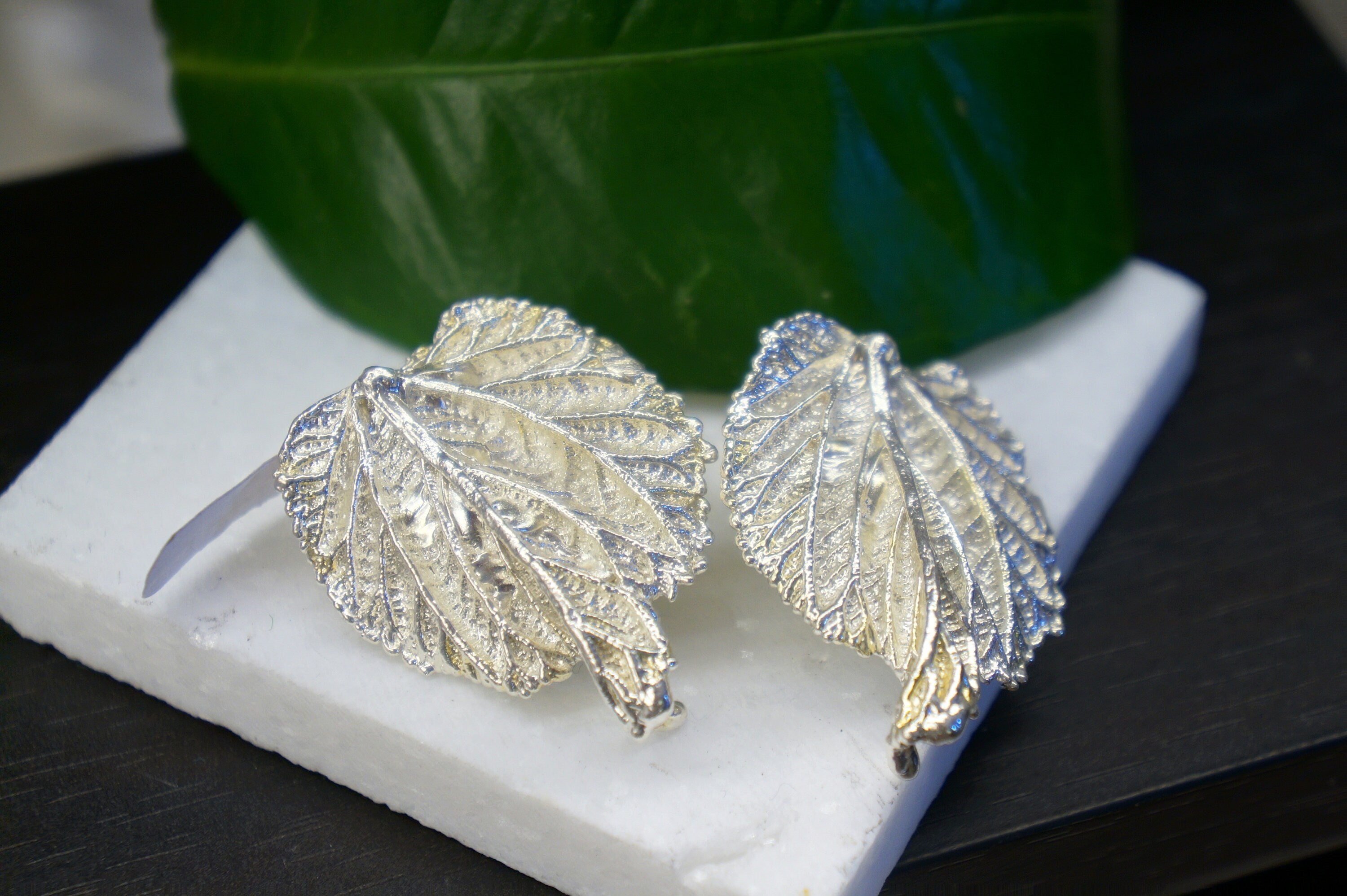 two silver leaf-shaped earrings placed on a white surface, with a green leaf in the background.