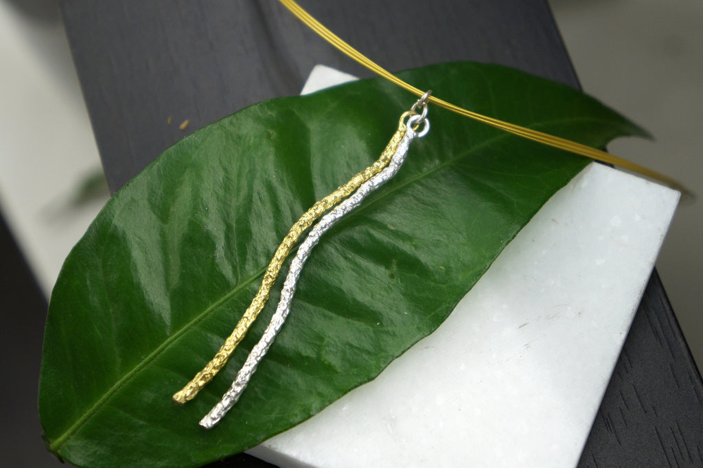 Sterling Silver Necklace - Boho Pine Branch Pendant | Two Tone Botanical Jewelry