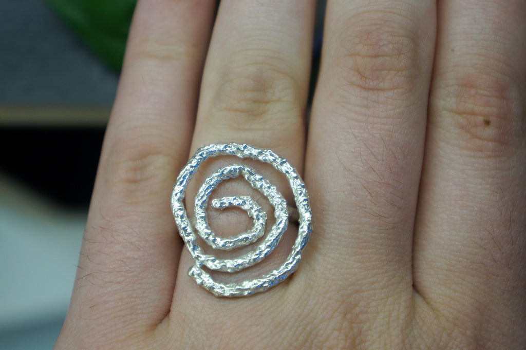 Pine Twig Ring – Handmade Sterling Silver Adjustable Gold Spiral Statement