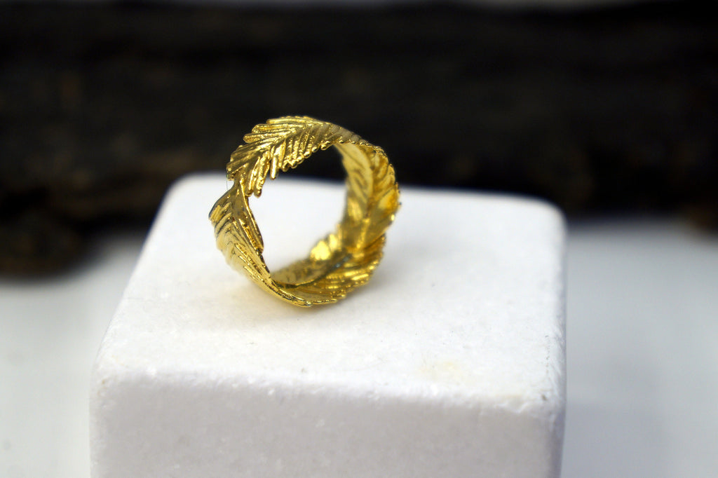 Gold Leaf Ring - Sterling Silver Band With Acacia Leaf Design | Eco Friendly Jewelry