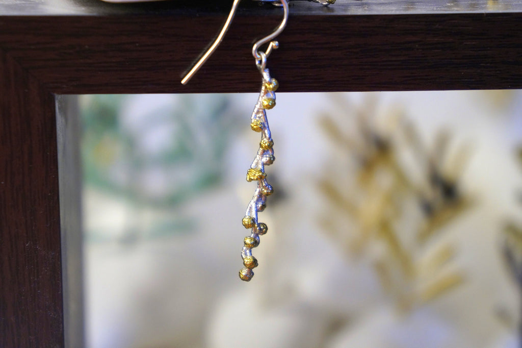 Sterling Silver Earrings – Botanical Branch Design With Gold Plated Blossoms