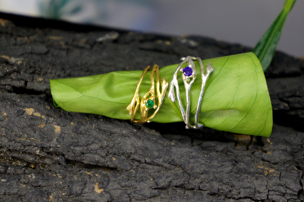 Sterling Silver Twig Ring – Jasmine Branch With Zircon Gemstone | Handmade Nature Jewelry