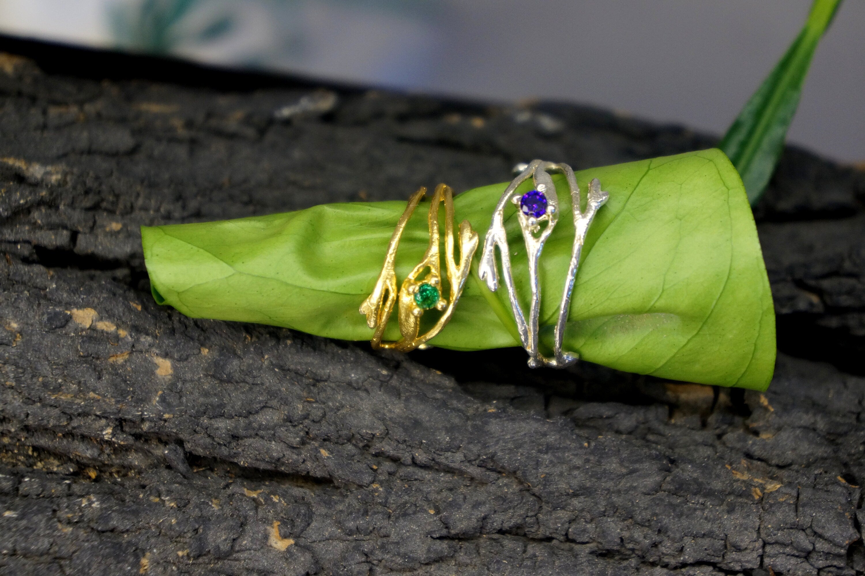 Sterling Silver Twig Ring – Jasmine Branch With Zircon Gemstone | Handmade Nature Jewelry