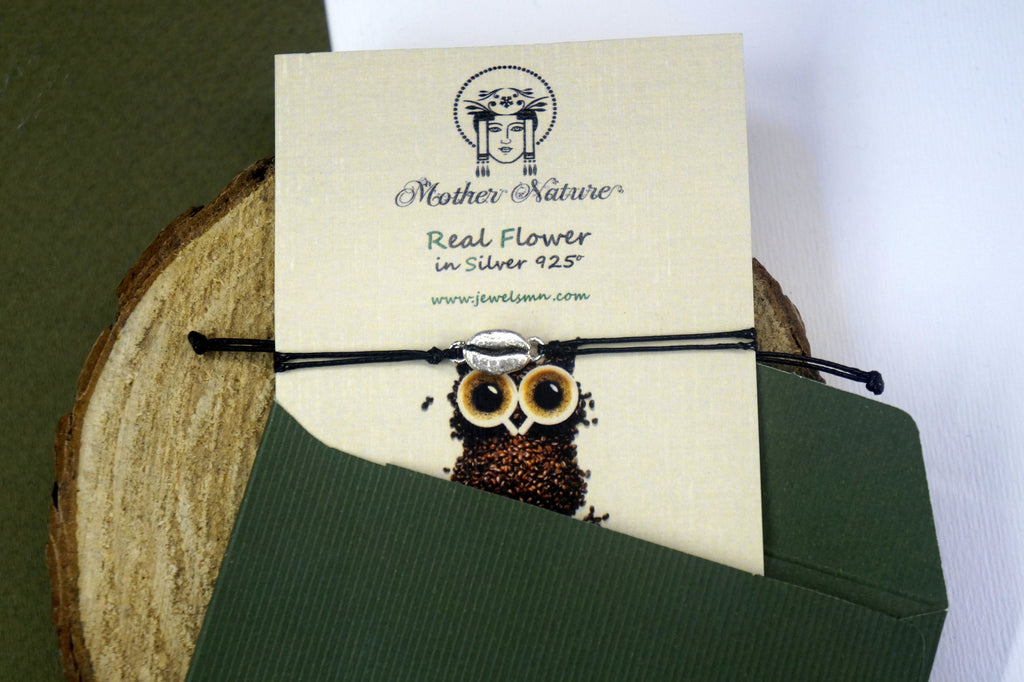 Coffee Bean Bracelet, Sterling Silver or Gold-Plated, Adjustable Cord, Minimalist Jewelry