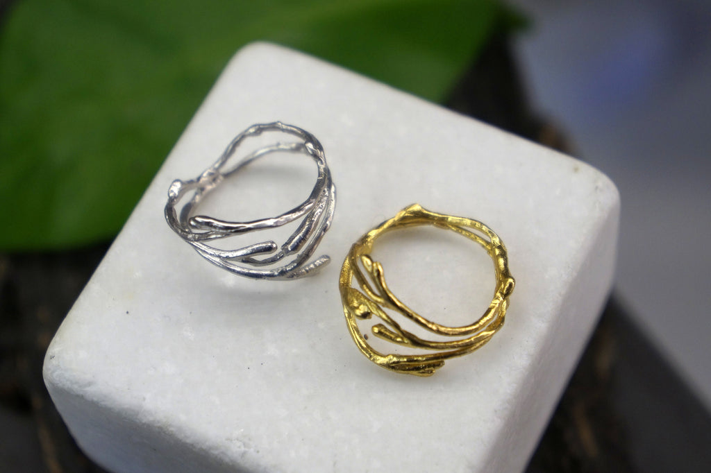 Jasmine Twig Ring – Handmade Silver Gold Plated Botanical Ring | Dainty Midi Style