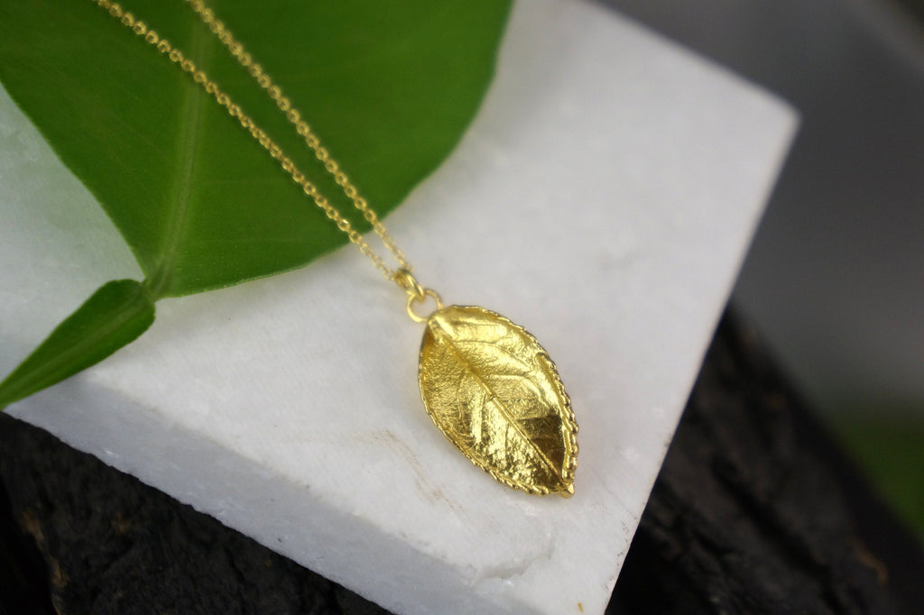 Rose Leaf Pendant Necklace: Eco-Friendly Gold Filled Brass - Handmade