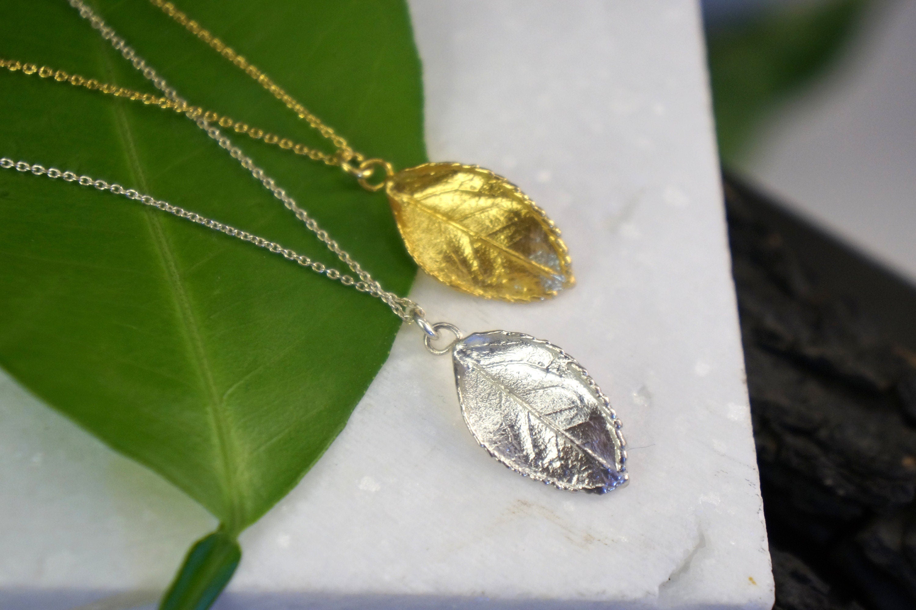 Two pendant necklaces with leaf-shaped charms are displayed on a white surface, with a green leaf in the background.