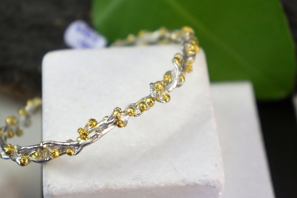 Sterling Silver Bangle – Eco Friendly Recycled Silver Bracelet With Gold Buds