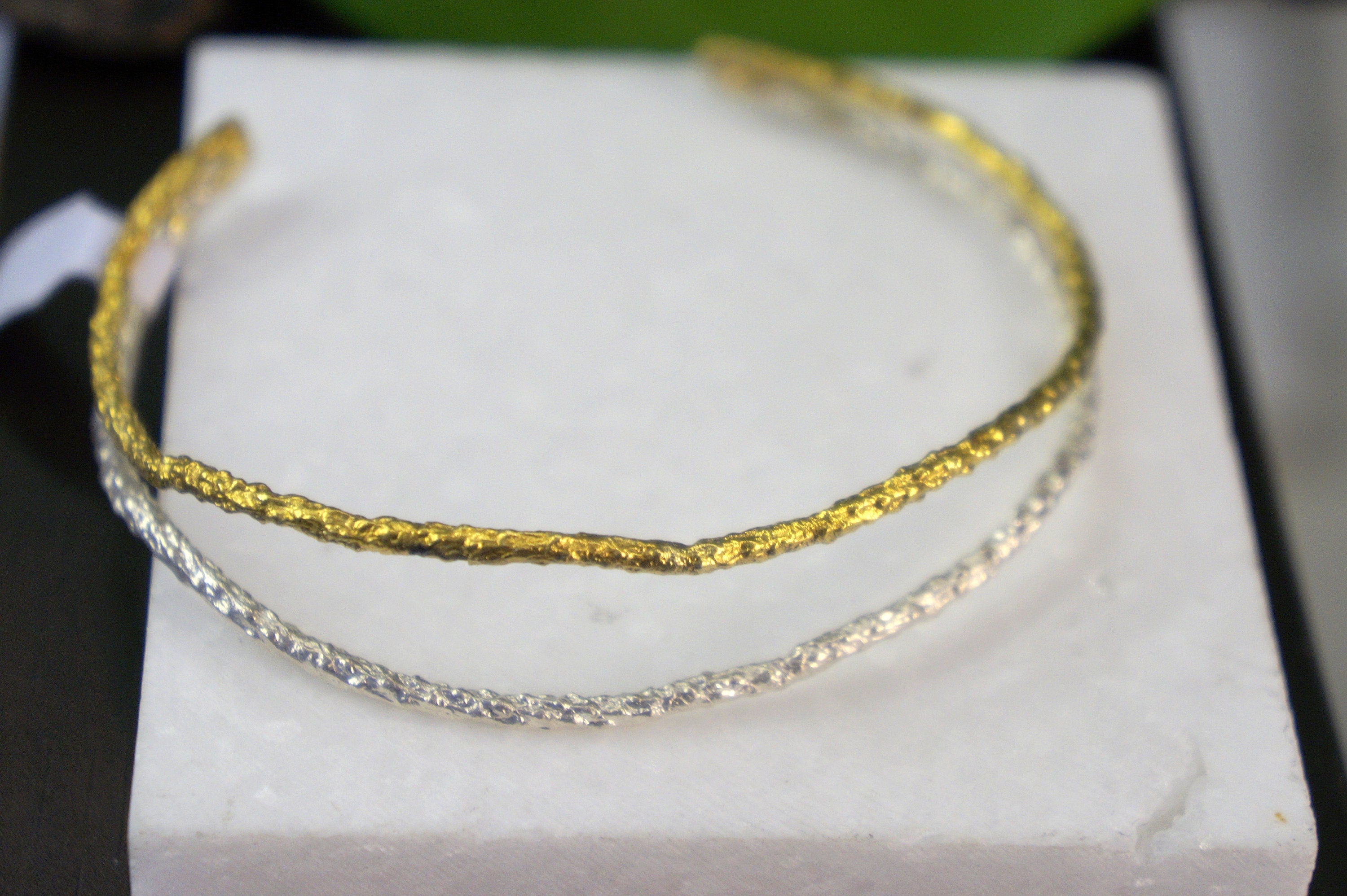 Two Tone Cuff Bracelet – Adjustable Silver Pine Branch With Gold Plated & Black Rhodium Finish