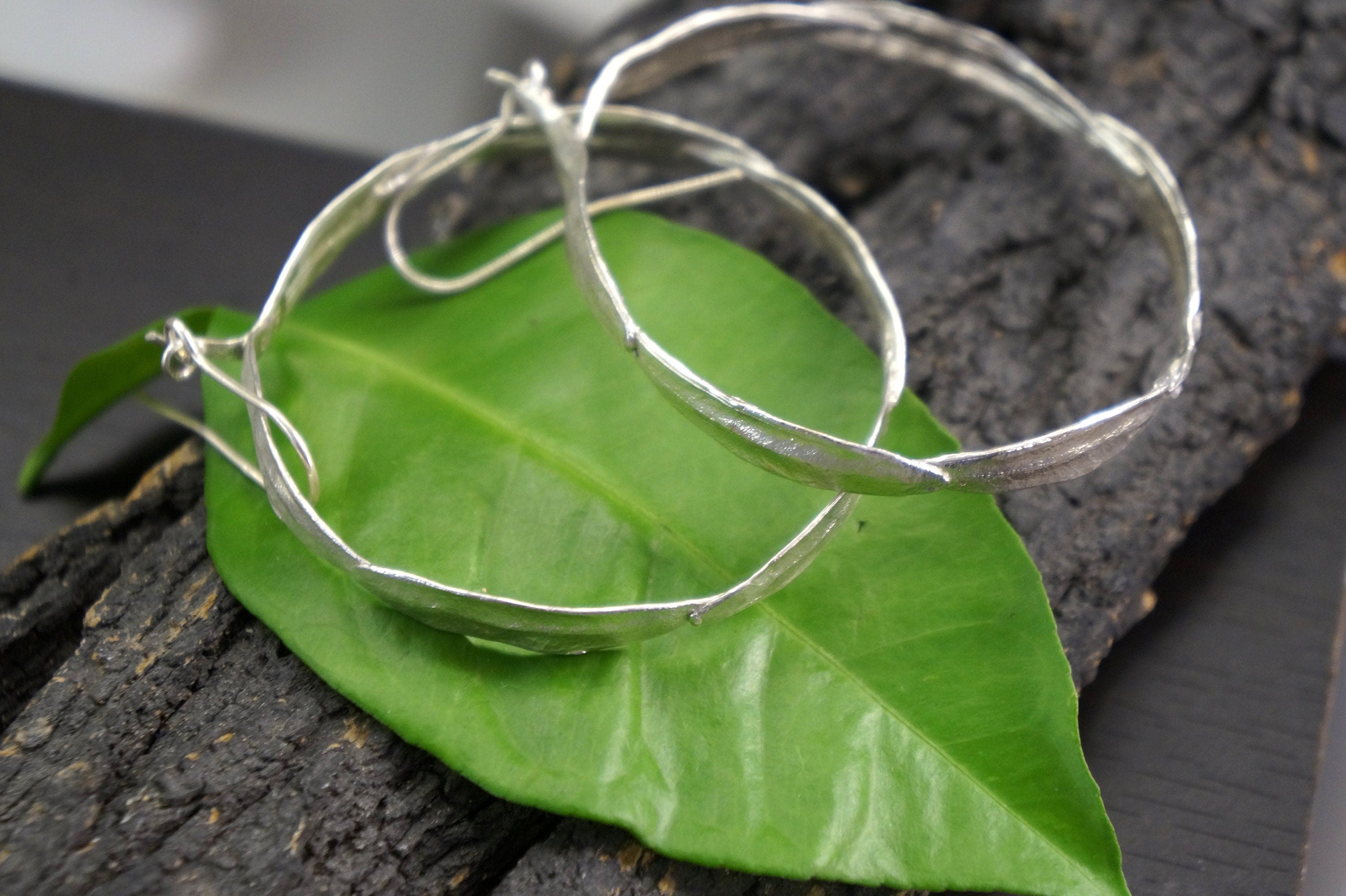 Sterling Silver Hoop Earrings – Large Olive Leaf Botanical Jewelry Gift Boxed