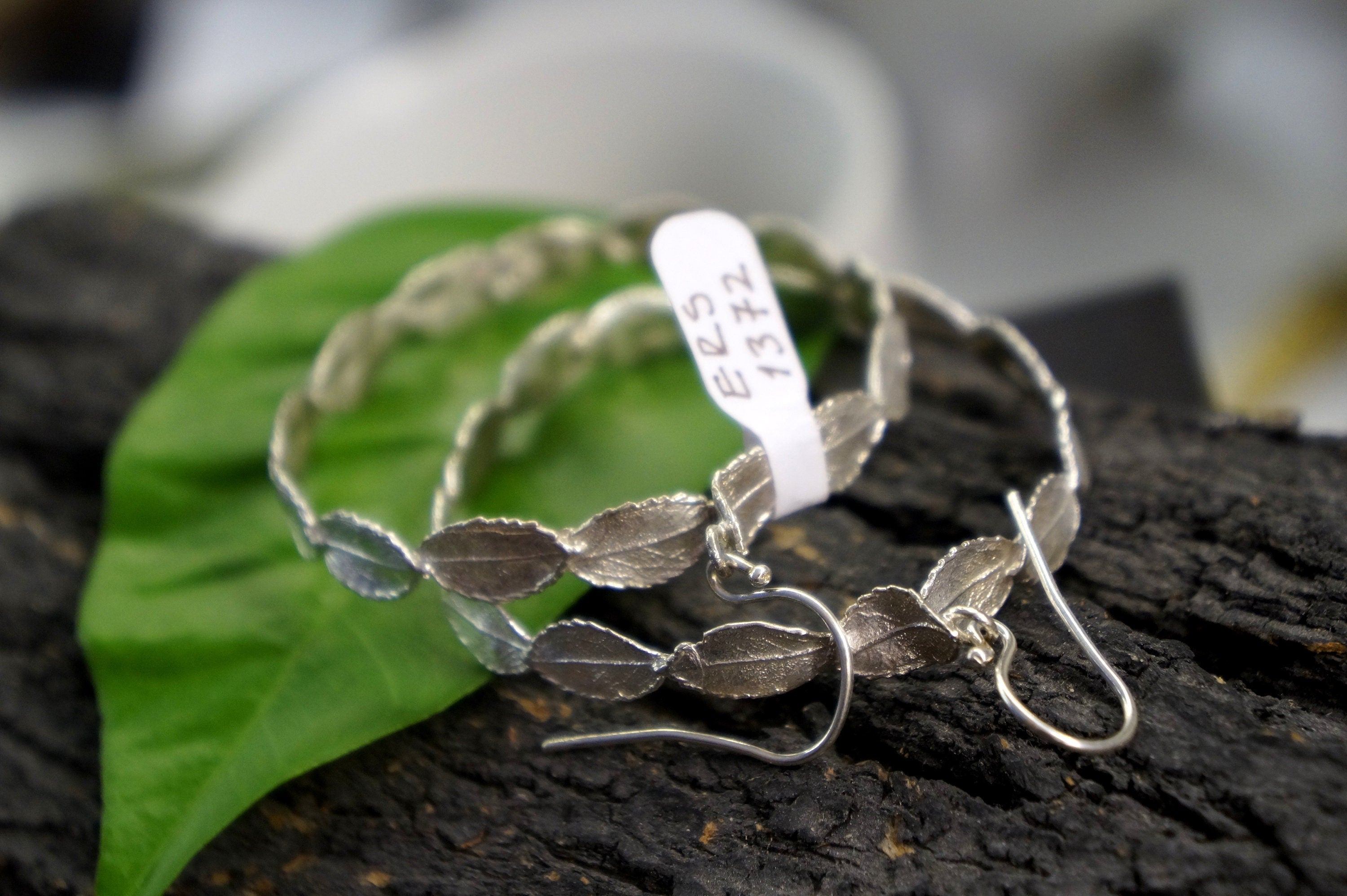 Sterling Silver Leaf Hoop Earrings - Large, Dangle Style
