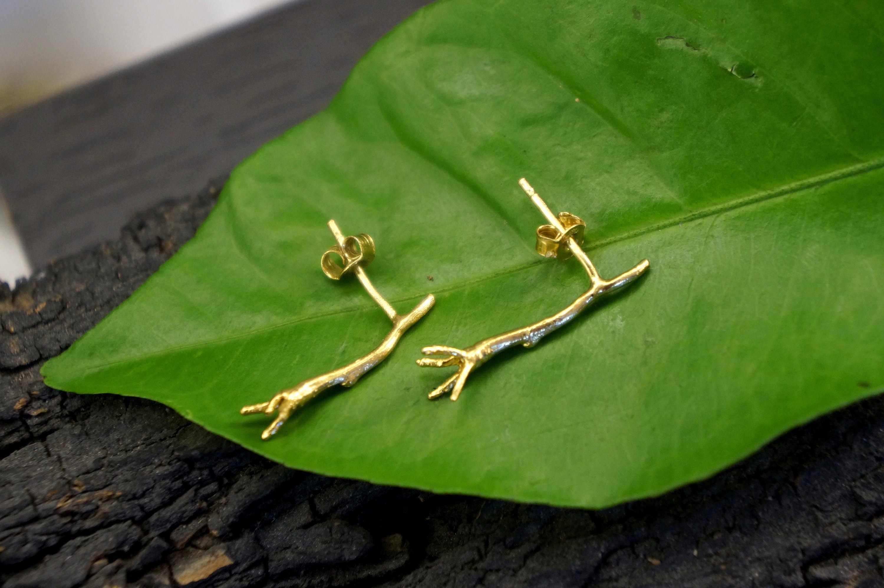 Small Stud Earrings: Jasmine Twig Design - Gold on Sterling Silver