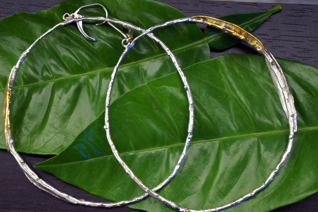 Large Hoop Earrings – Sterling Silver Hoops with Gold Olive Leaf Design