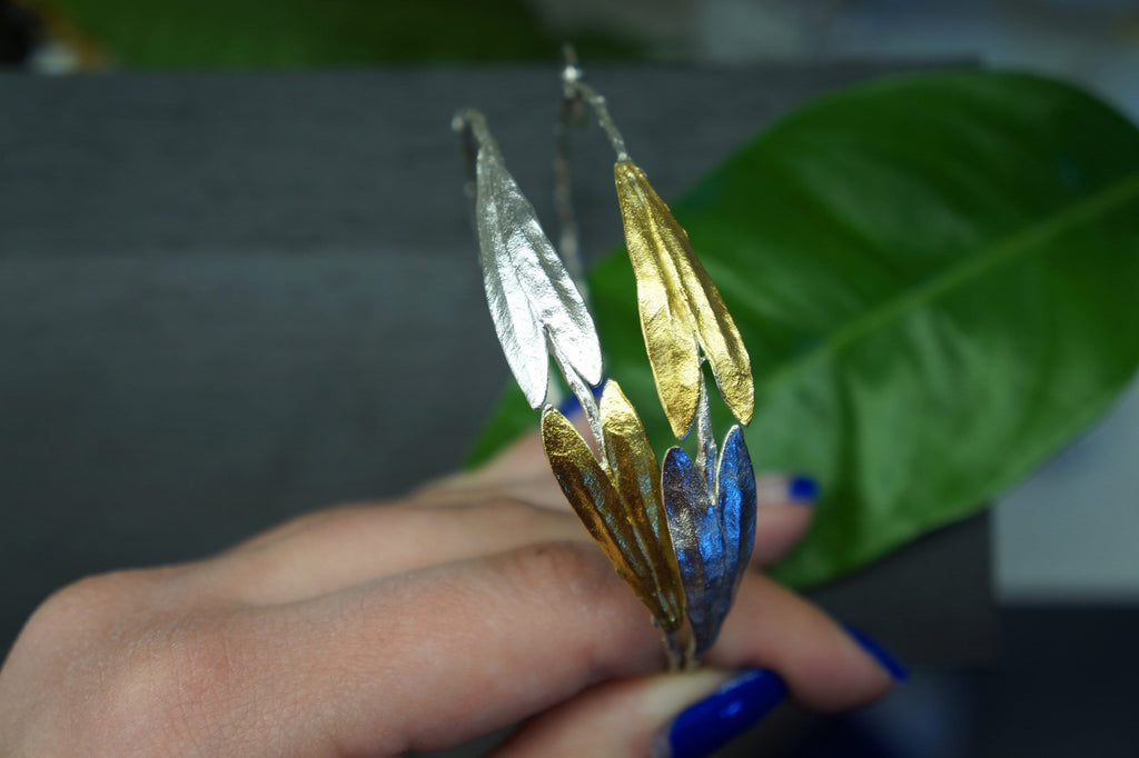 Large Hoop Earrings – Sterling Silver Hoops with Gold Olive Leaf Design