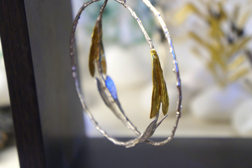 Large Hoop Earrings – Sterling Silver Hoops with Gold Olive Leaf Design