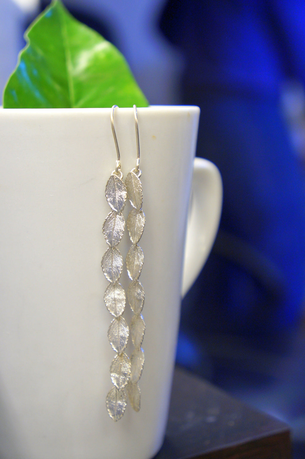 Long Dangle Earrings: Rose Leaves in Sterling Silver - Handmade