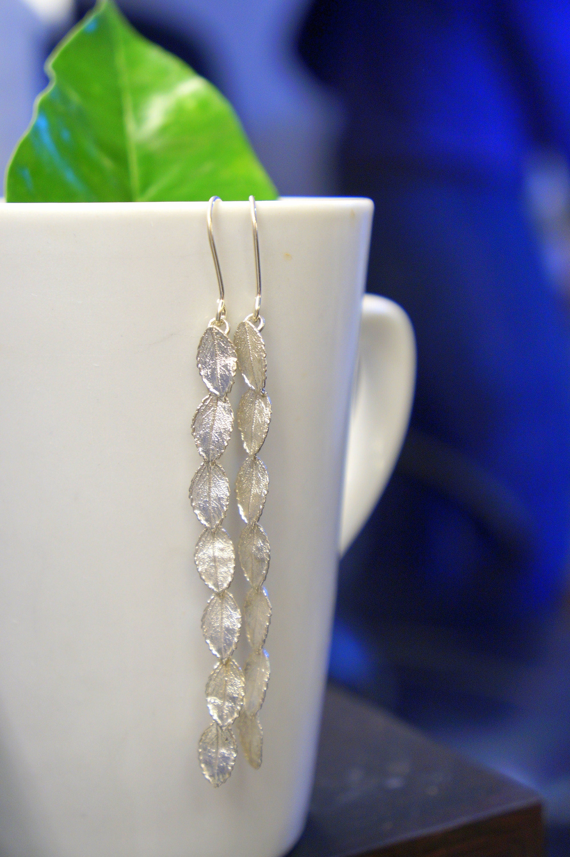Long Dangle Earrings: Rose Leaves in Sterling Silver - Handmade